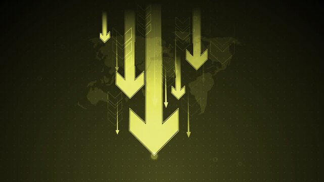 Dark abstract background with multiple descending arrows and subtle world map animation