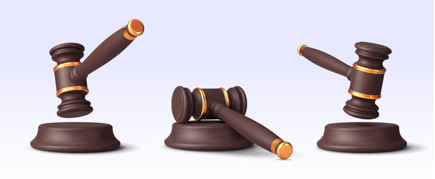 3d judge gavel, wooden bid auction vector hammer, justice mallet. Vector realistic brown hardwood gavel with gold metal decorations laying and knocking on base. 3d ceremonial mallets set