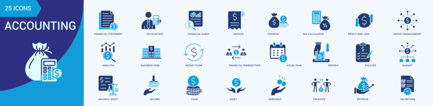 Accounting Icon Set Illustration Vector
Contains financial statement, accountant, financial audit, invoice, finance, tax calculator, profit and loss