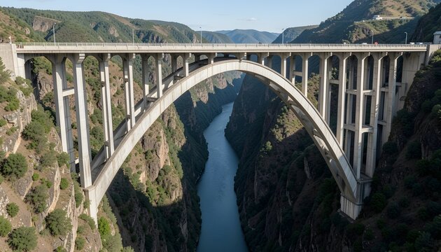 Massive concrete arch bridge over deep river canyon, monumental civil engineering infrastructure, highway viaduct crossing mountain valley gorge