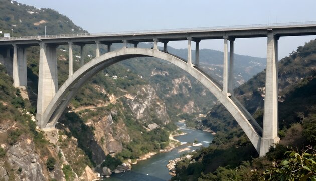 Concrete arch bridge spanning a deep mountain valley, massive highway viaduct over river, civil engineering infrastructure in a rugged landscape
