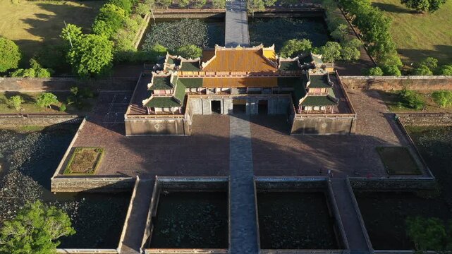 Aerial drone view of Hue Imperial Citadel featuring Ngo Mon Gate, Thai Hoa Palace and Kien Trung Palace, showcasing Vietnam's UNESCO royal heritage, ancient architecture and cultural landmark.