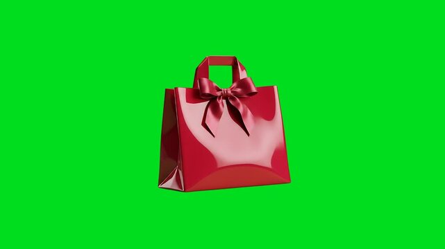 A shiny red shopping bag with a decorative ribbon bow on a green background