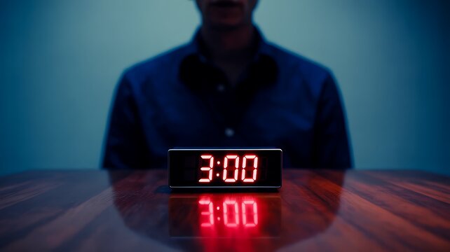 Digital countdown timer showing three minutes with person sitting at desk in dark room