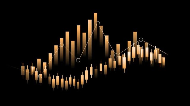 Monochrome financial chart with candlesticks and volume bars animation