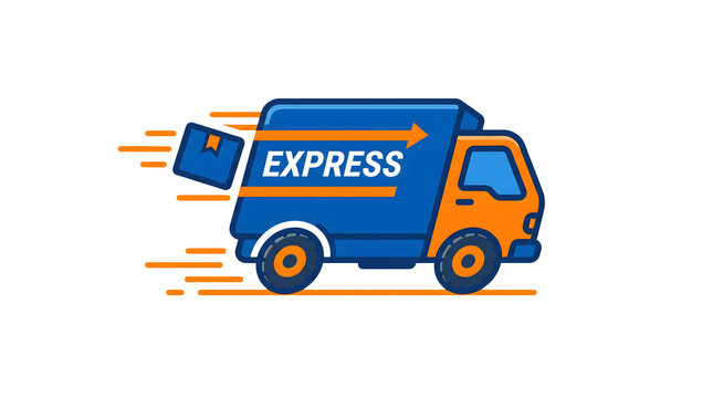 Blue courier van delivering fast express parcel with orange speed lines on transparent background concept illustration