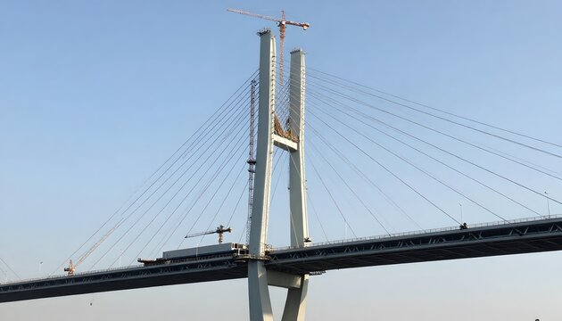 Modern cable-stayed bridge under construction, massive concrete pylon with steel cables, industrial infrastructure project against clear blue sky