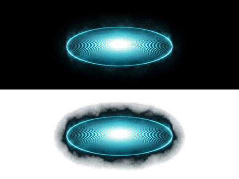 Glowing blue neon portal with abstract energy rings and smoke texture, perfect for sci-fi design and digital composites.