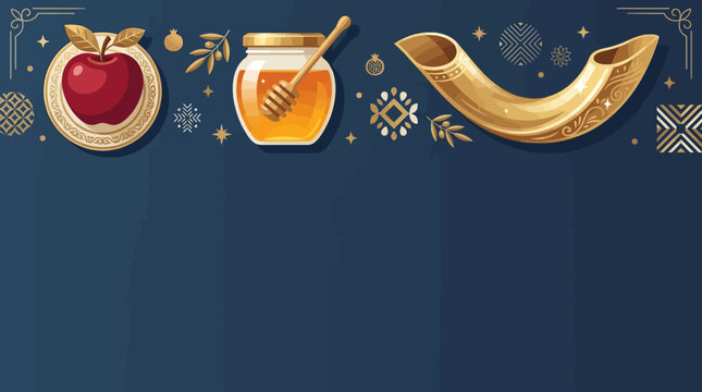 Rosh Hashanah holiday vector banner background with traditional symbols like apple, honey jar, and shofar in gold and blue