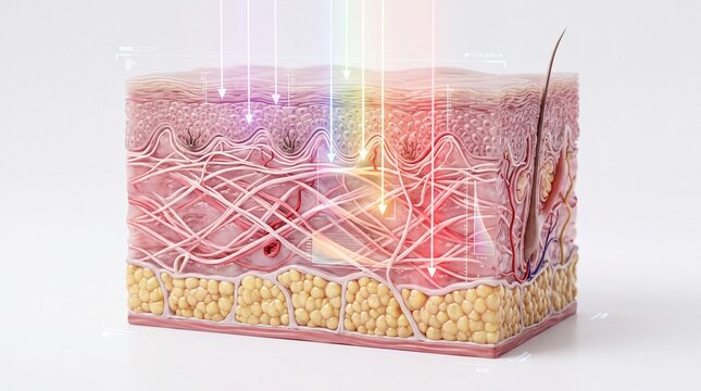 Cross section skin anatomy epidermis dermis hypodermis collagen fiber fat cell hair follicle light absorption medical scientific healthy detailed