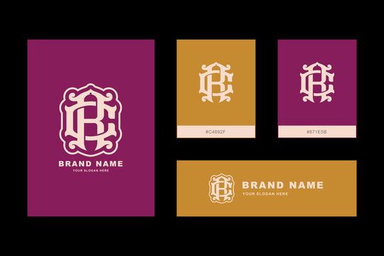 Luxury classic monogram RC or CR lettering for company branding with sophisticated purple and gold