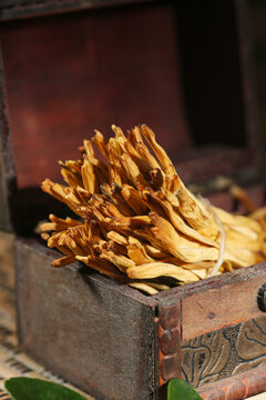 Dried Yellow Cauliflower in Wooden Box at Changbaishan Farmers Market China