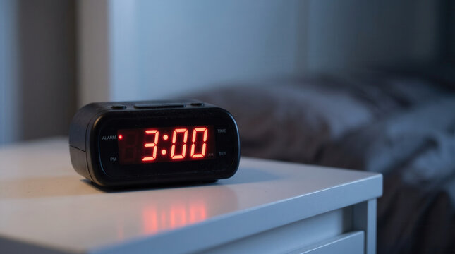Digital clock glowing 3 AM red numbers on a bedside table  