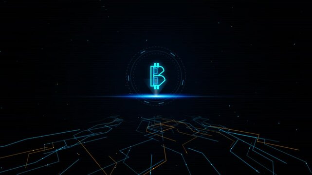 Bitcoin cryptocurrency digital concept: glowing neon btc symbol with cyber circuitry background blockchain