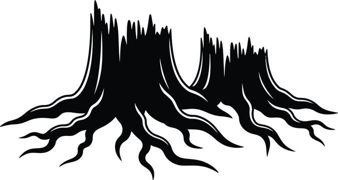 Black silhouette of dramatic tree roots and rugged stump isolated on white background for nature design projects