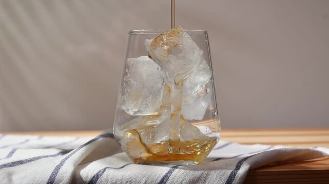 Golden syrup pours over ice cubes in clear glass during close-up preparation of a chilled homemade drink on wooden table.