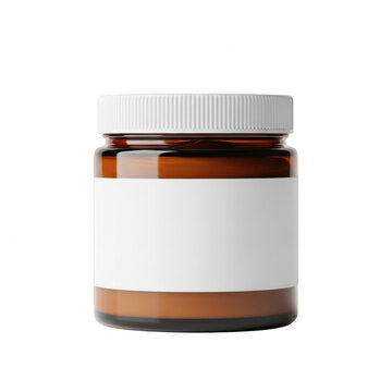 Small brown glass jar with white lid and blank label isolated on transparent background
