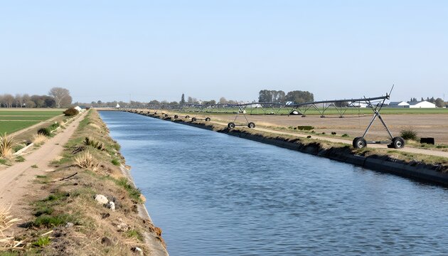 Agricultural irrigation canal under blue sky, water supply channel for rural farming, industrial waterway in countryside landscape