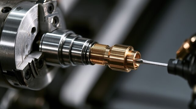 Precision metal part being machined on a CNC lathe in a bright workshop. Advanced manufacturing concept for industrial engineering ads.