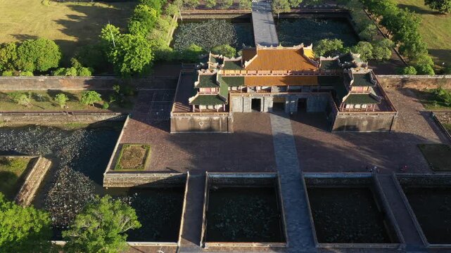 Aerial drone view of Hue Imperial Citadel featuring Ngo Mon Gate, Thai Hoa Palace and Kien Trung Palace, showcasing Vietnam's UNESCO royal heritage, ancient architecture and cultural landmark.