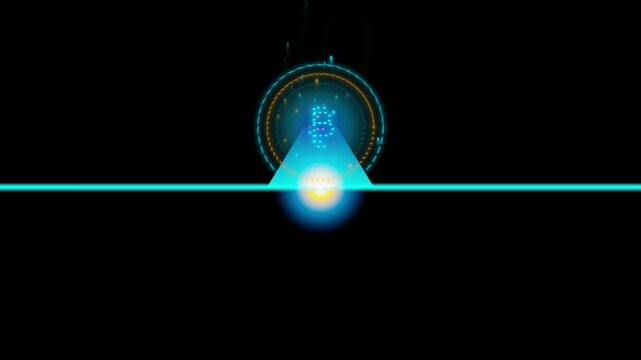 Bitcoin cryptocurrency digital hud interface animation, blockchain technology concept, neon glowing financial data background