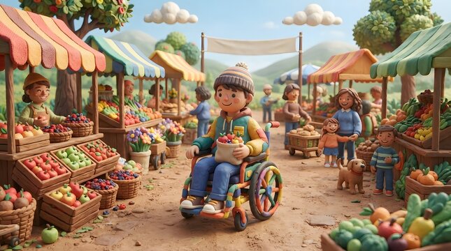 A cheerful young boy in a colorful wheelchair shopping at a vibrant outdoor farmers market with fresh produce stalls
