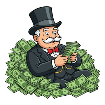 Rich Monopoly Businessman Sitting on Pile of Money Cash Vector