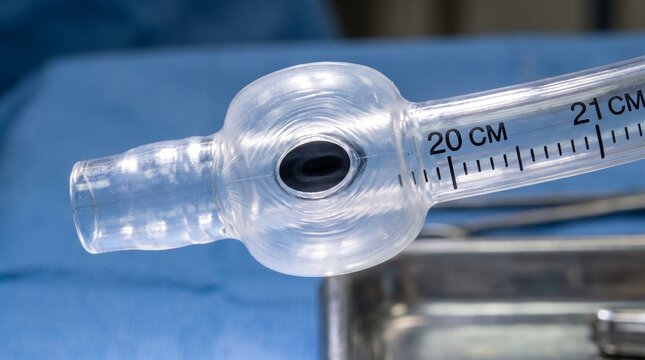 Close up view of a clear plastic endotracheal tube with inflated cuff and measurement markings.