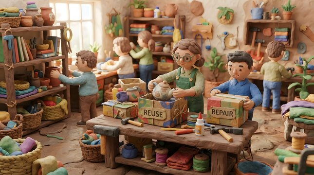 Charming claymation style scene of people in a workshop packing items into reuse and repair boxes for eco-friendly living