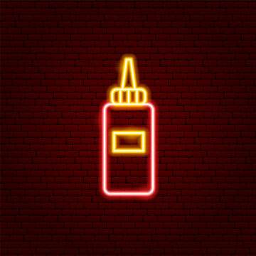 Tomato Ketchup Bottle Neon Sign. Glowing Icon. Vector Illustration of Savory Package and Cafe Concept Object.