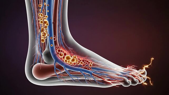 Illustration Of Diabetic Peripheral Vascular Disease Affecting The Foot With Detailed Vascular Structure And Blood Flow Changes