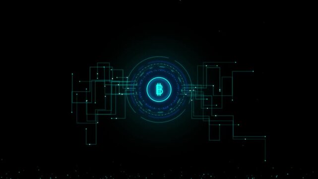 Bitcoin cryptocurrency digital network hud animation, blockchain technology background, cyber security and fintech concept