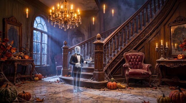 Spooky 3D miniature haunted mansion interior with a ghost butler and pumpkins