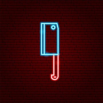 Cleaver Knife Neon Sign. Glowing Icon. Vector Illustration of Kitchen Utensils and Cutlery Meat Object.