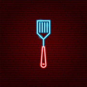 Turner Spatula Neon Sign. Glowing Icon. Vector Illustration of BBQ Kitchen Utensil and Barbecue Grill Object.