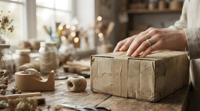 Close up of hands sealing a recycled cardboard box with eco-friendly paper tape for sustainable shipping in a rustic workshop