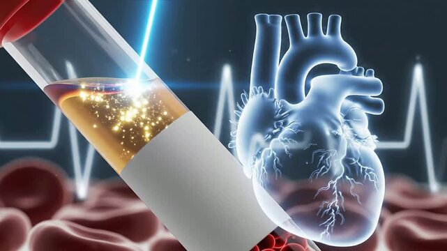 Innovative Cardiac Enzyme Blood Test Concept with Transparent Heart Overlay for Medical Visualization and Health Analysis