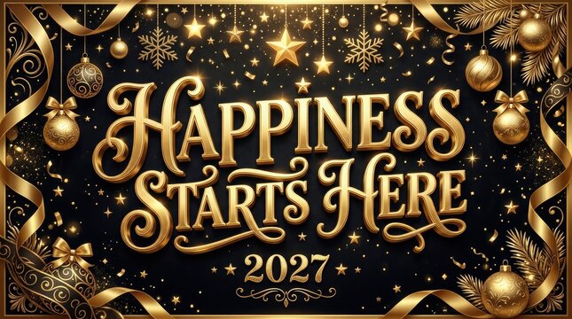 Happiness starts here festive typography with golden ornaments and sparkling new year background