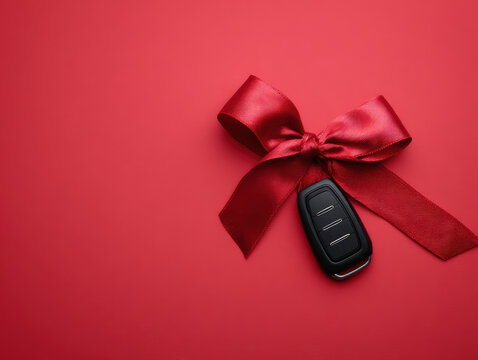 car keys with red ribbon on red background