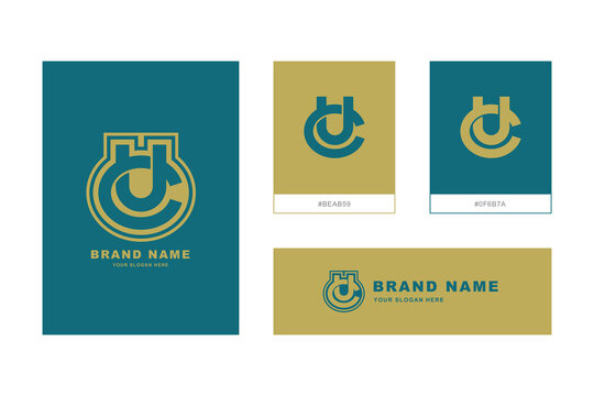 Modern corporate brand identity set featuring circular monogram logo in teal and gold color scheme.