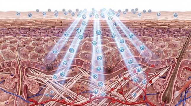 Active ingredient penetration, skin absorption, dermal layers, collagen fibers, and hydration process illustrated with glowing particles moving through epidermis and dermis