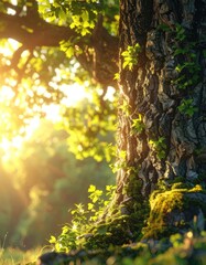 Fototapeta premium Sunlight filters through lush green leaves, illuminating a moss-covered tree trunk in a serene forest setting.
