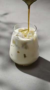 Hojicha tea pours into oat milk with ice in glass, forming layered iced latte drink during simple cafe style preparation.