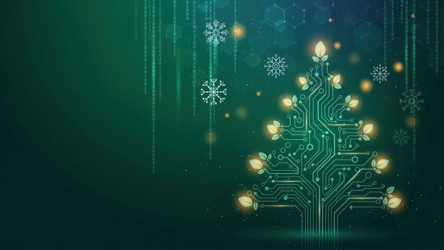 Futuristic Christmas tree made of circuit board patterns with glowing leaves and binary code on