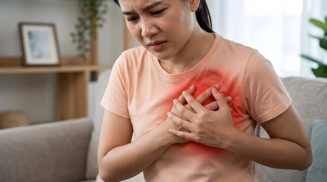 Woman suffering from acute chest pain holding her chest while sitting on a couch in the living room.