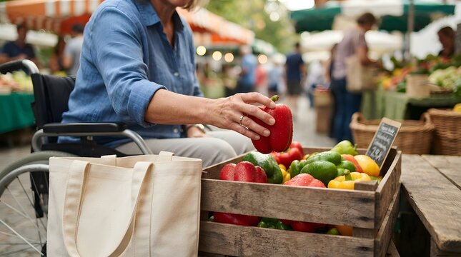 A woman in a wheelchair shopping for fresh red bell peppers at a local outdoor farmers market with a reusable bag