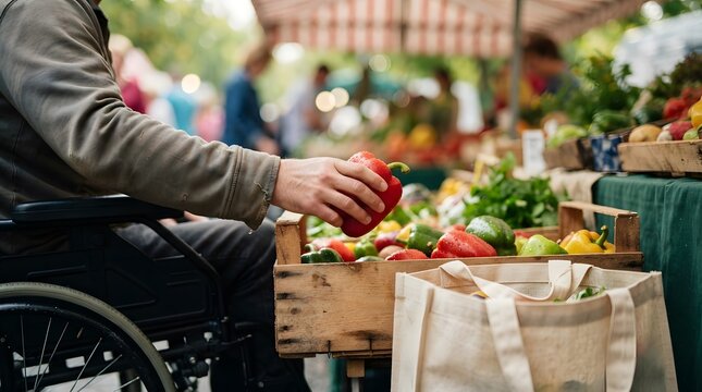 A person in a wheelchair selecting fresh red bell peppers at a local outdoor farmers market