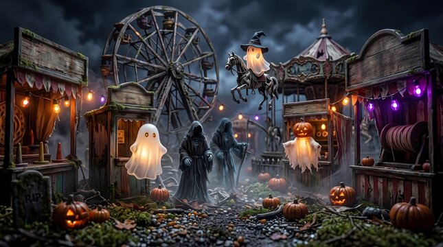 Eerie Halloween Night at the Abandoned Carnival with Mysterious Ghosts and Jack-o'-Lanterns
