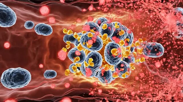 Intricate Visualization Of Immune Response With Macrophage-Like Cells Engaging In Blood Vessel Interaction Within A Cellular Context