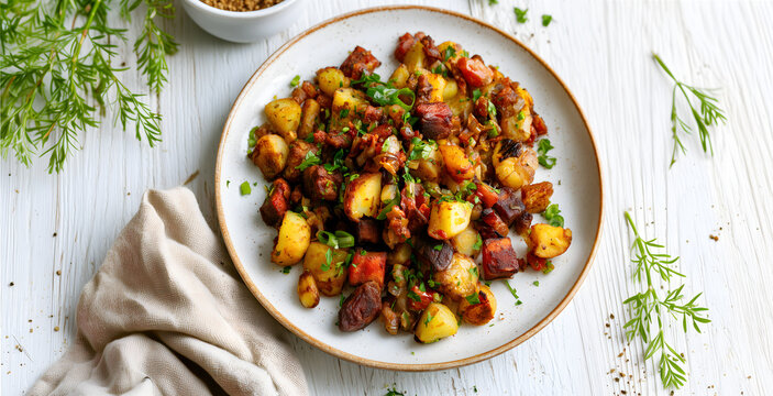 Creative food template. Plate of diced meat, potatoes vegetable parsley onion, hash food on linen towel and white wooden table. Copy text space. Long banner. Overhead top flat lay view